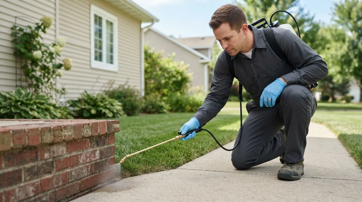 Pest control technician treating a home near Chaumont, NY