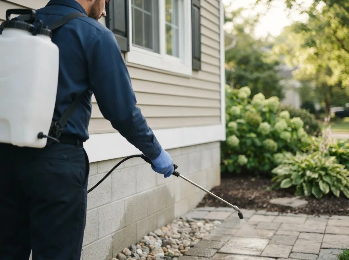 Pest control technician inspecting a home in Chaumont, NY